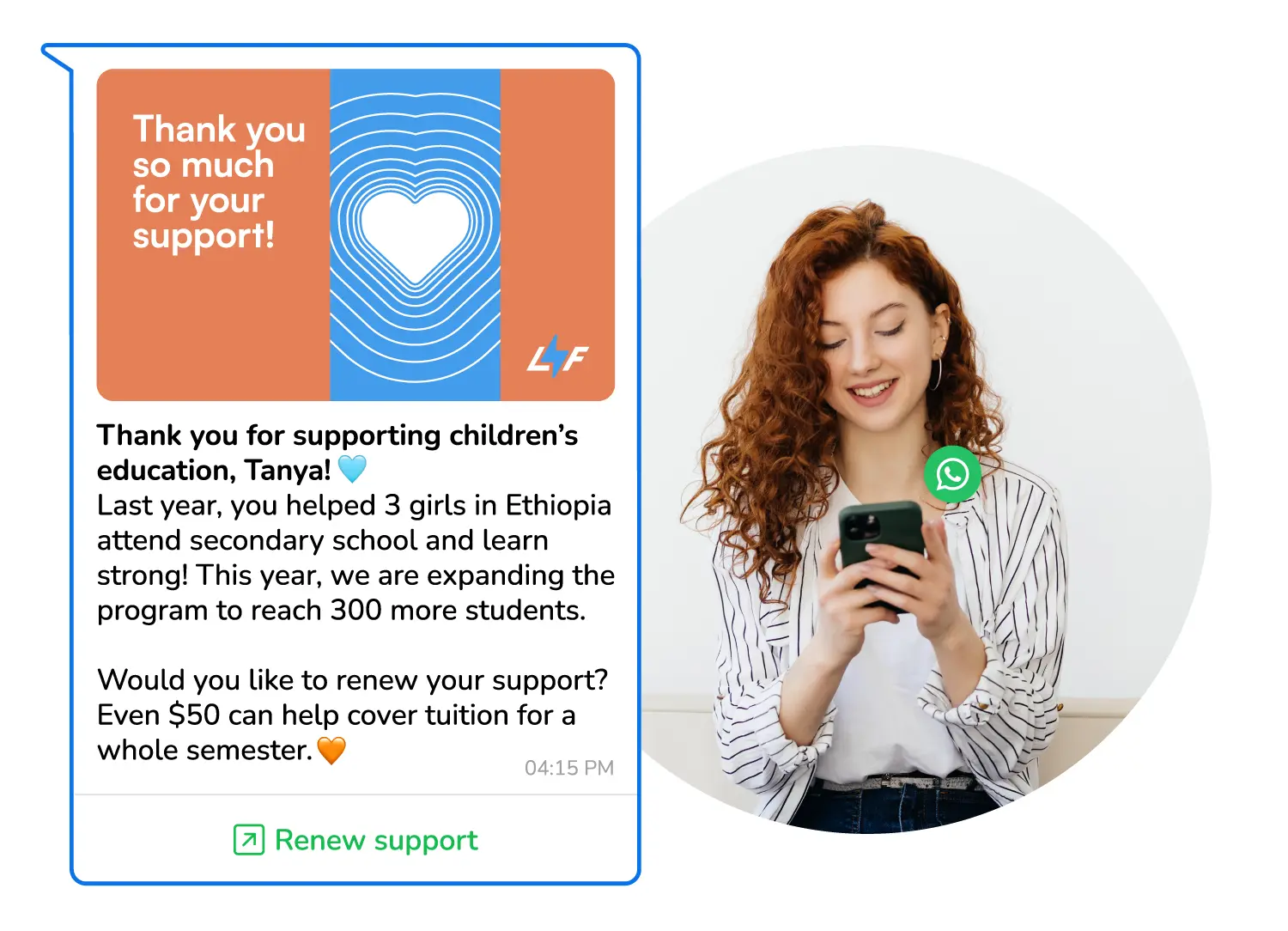 An automated personalized WhatsApp thank you message to a donor that also encourages donor retention.