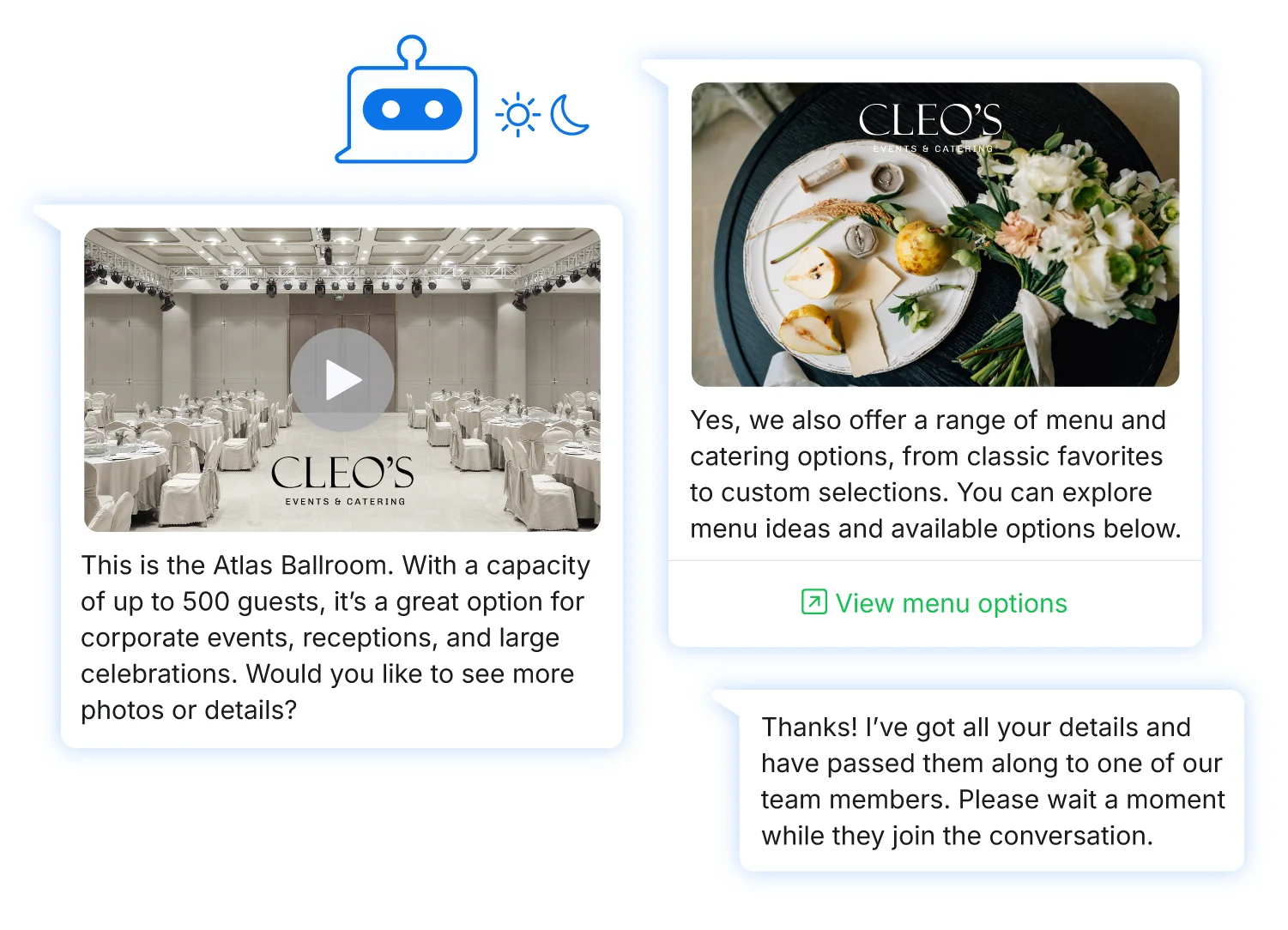 Examples of an AI Chatbot's responses to inquiries, which includes support for media and interactive buttons beyond text.