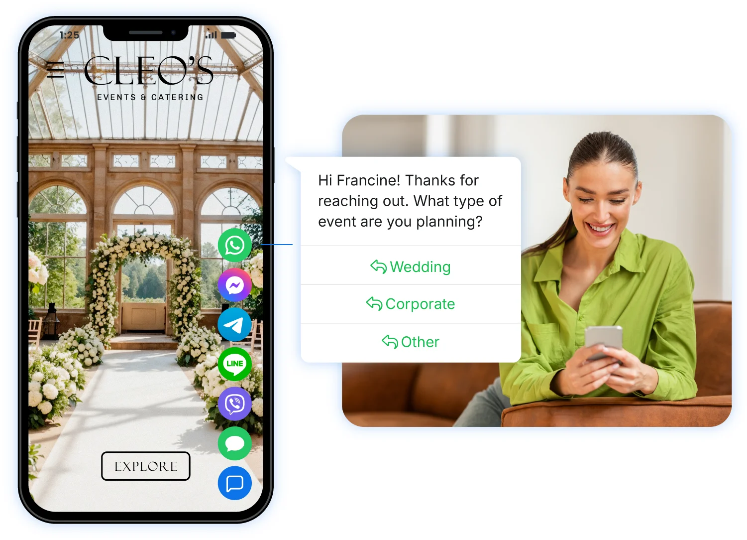 A prospect inquiring from the omnichannel live chat widget of an event venue's website.