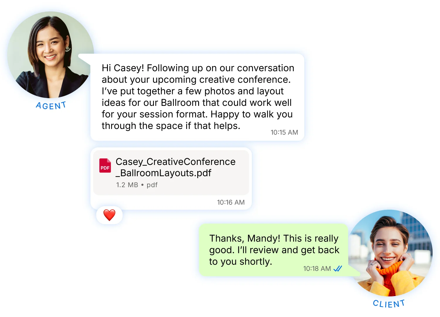 A WhatsApp conversation initiated by an event venue agent, following up on a prospect by sending a venue setup proposal.