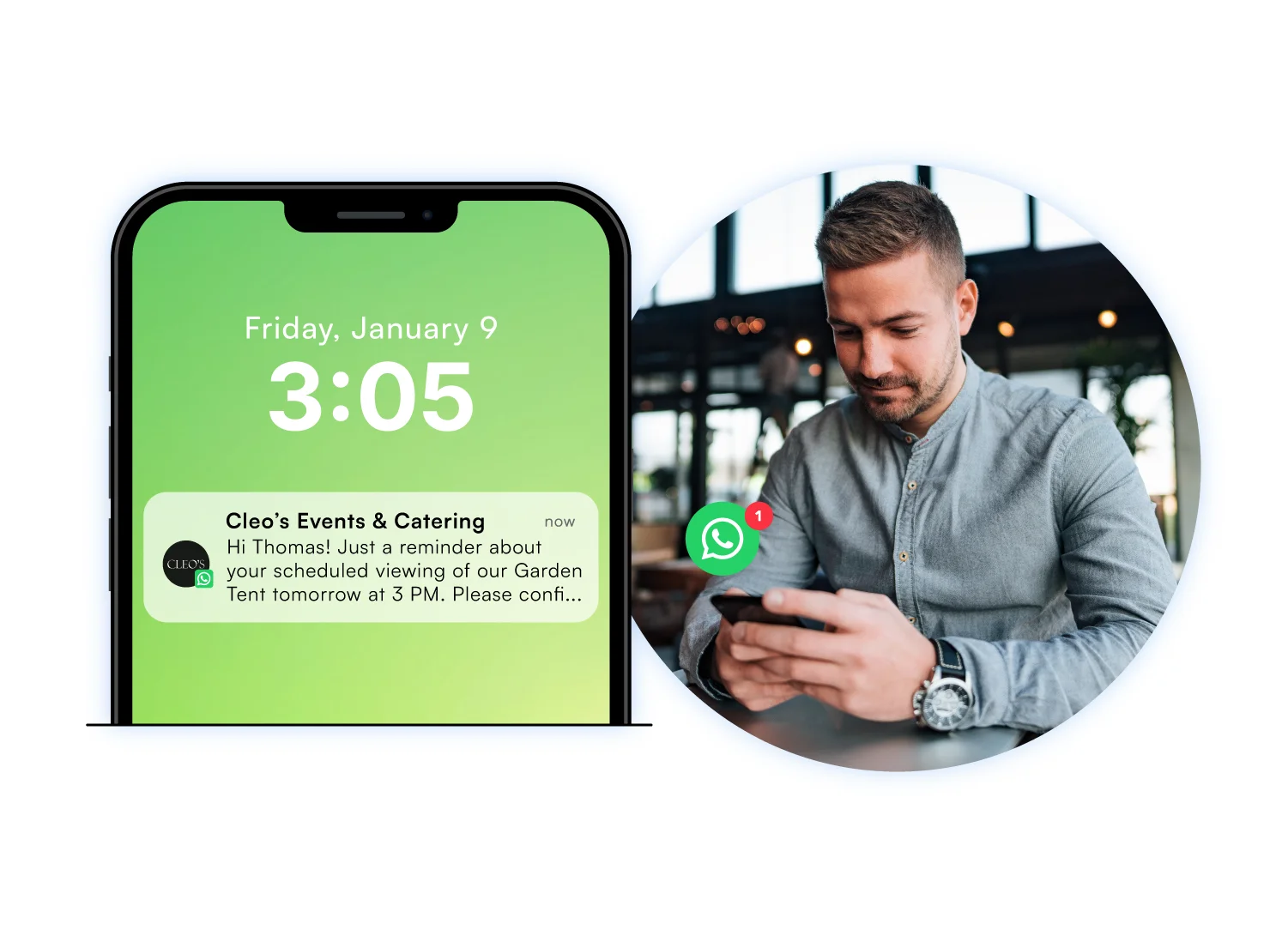 A man just received an automated WhatsApp message as a reminder for his scheduled viewing of an event venue.