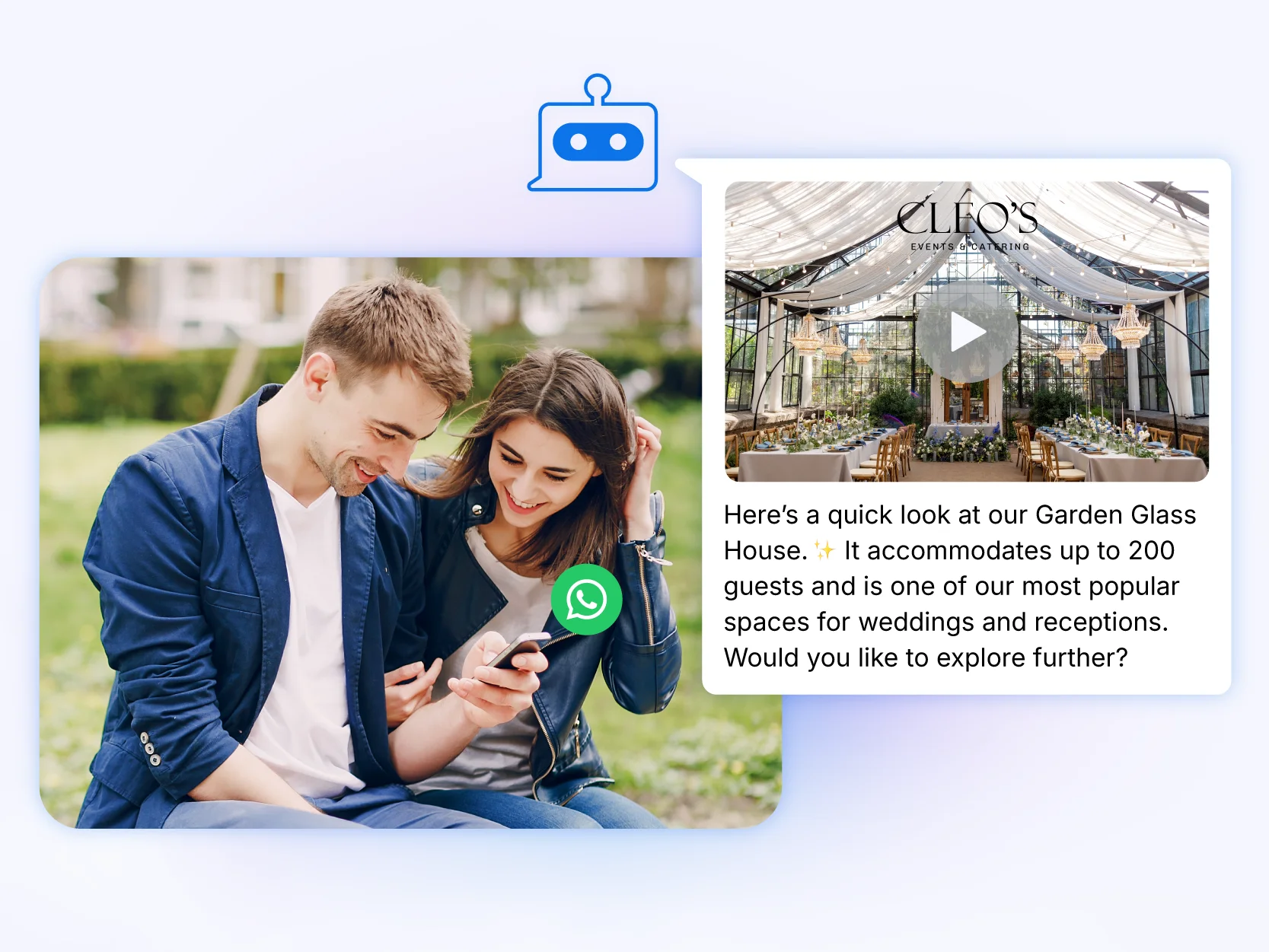 A couple getting instant, interactive support from an event venue's WhatsApp AI Chatbot.