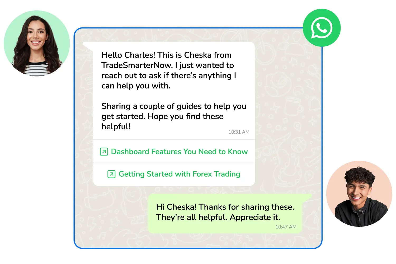 A conversation with a trader initiated on WhatsApp via the Convrs Omnichannel Messaging Platform.