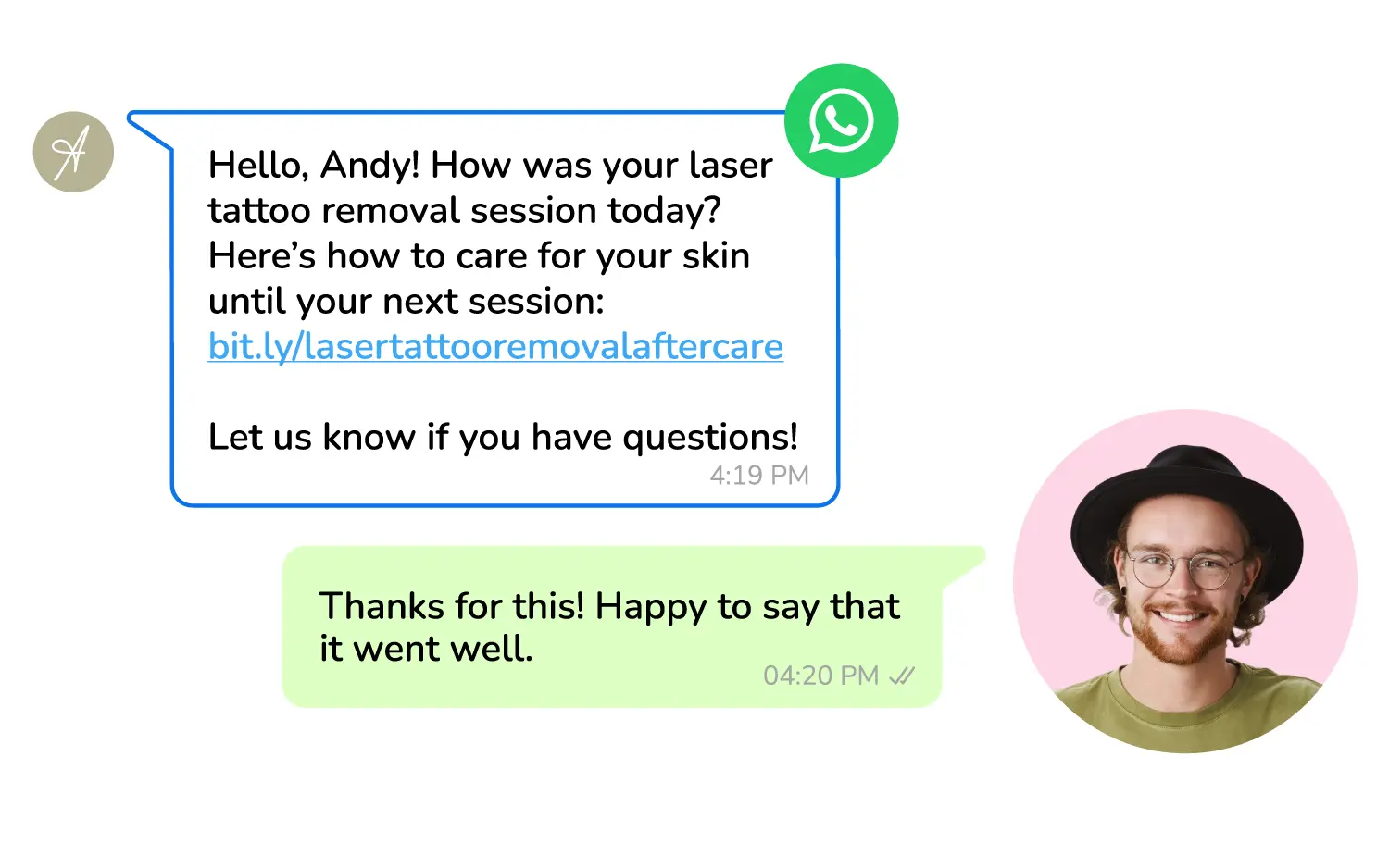 An automated WhatsApp message post treatment session to check for feedback and share helpful information.