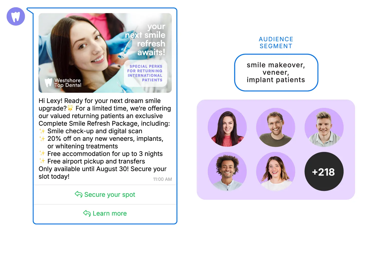 A health tourism clinic's WhatsApp Campaign for reselling and upselling to past patients with an exclusive offer and discount.