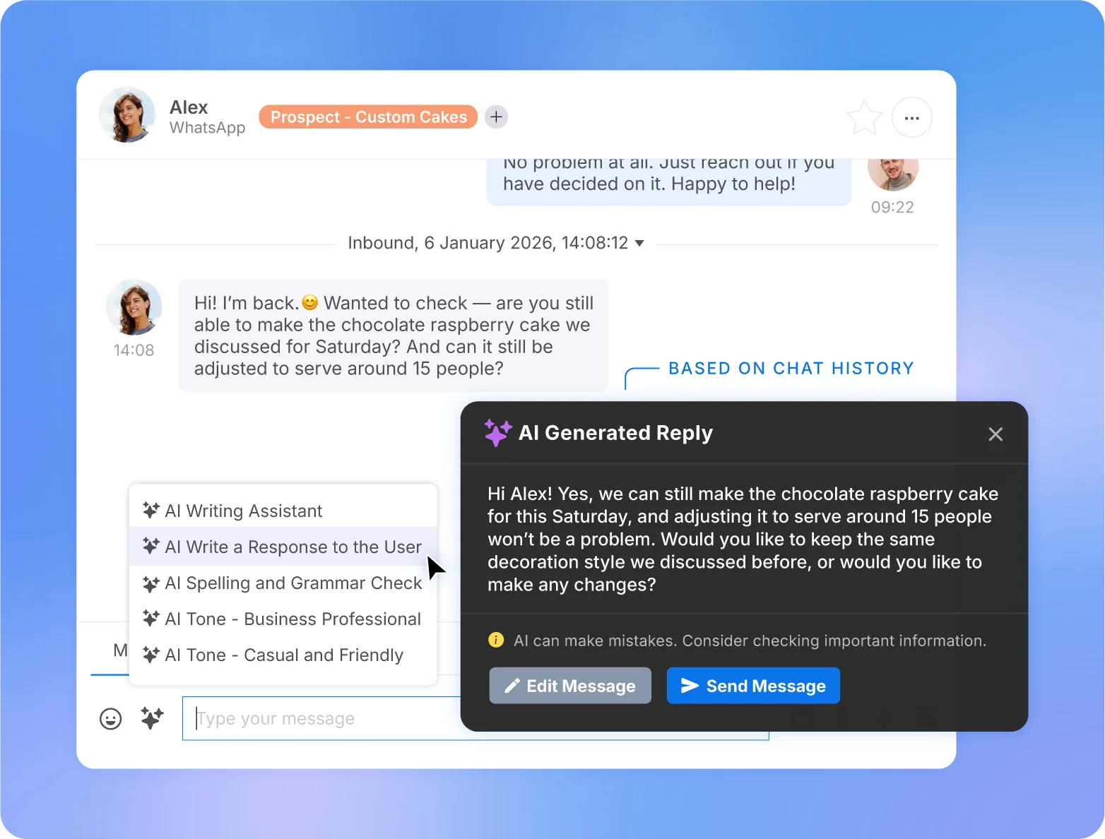 An AI chat overview included in the chat thread,  featuring a summary of the conversation, key topics, and a CSAT score.
