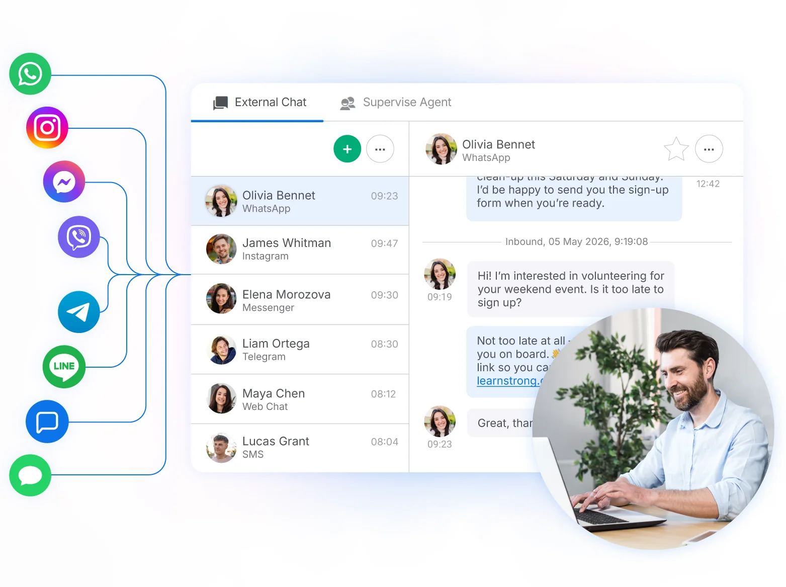 One unified inbox to access and manage messages from WhatsApp, Instagram, Messenger, Viber, Telegram, LINE, web chat, and SMS.
