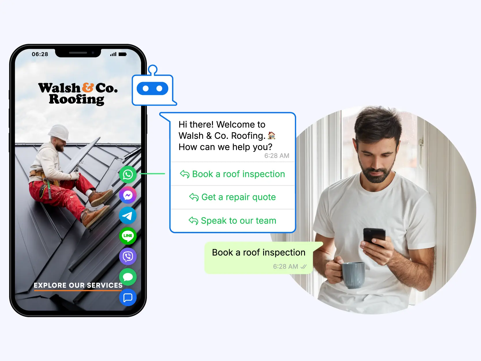 A homeowner conveniently books a roof inspection through WhatsApp from an omnichannel live chat widget of a roofing company's website.