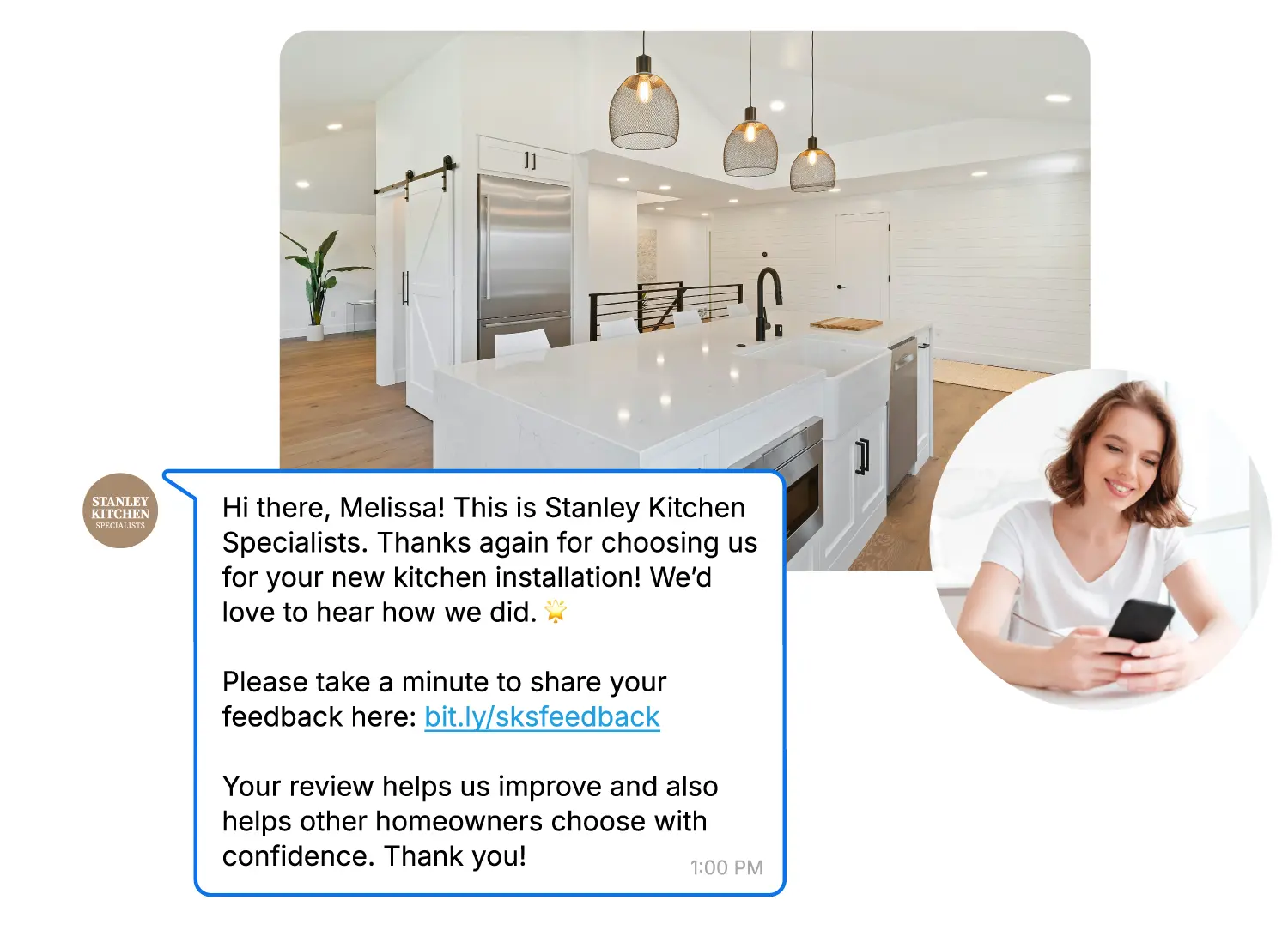 An automated WhatsApp message sent to a client after the home service is delivered, asking for feedback.