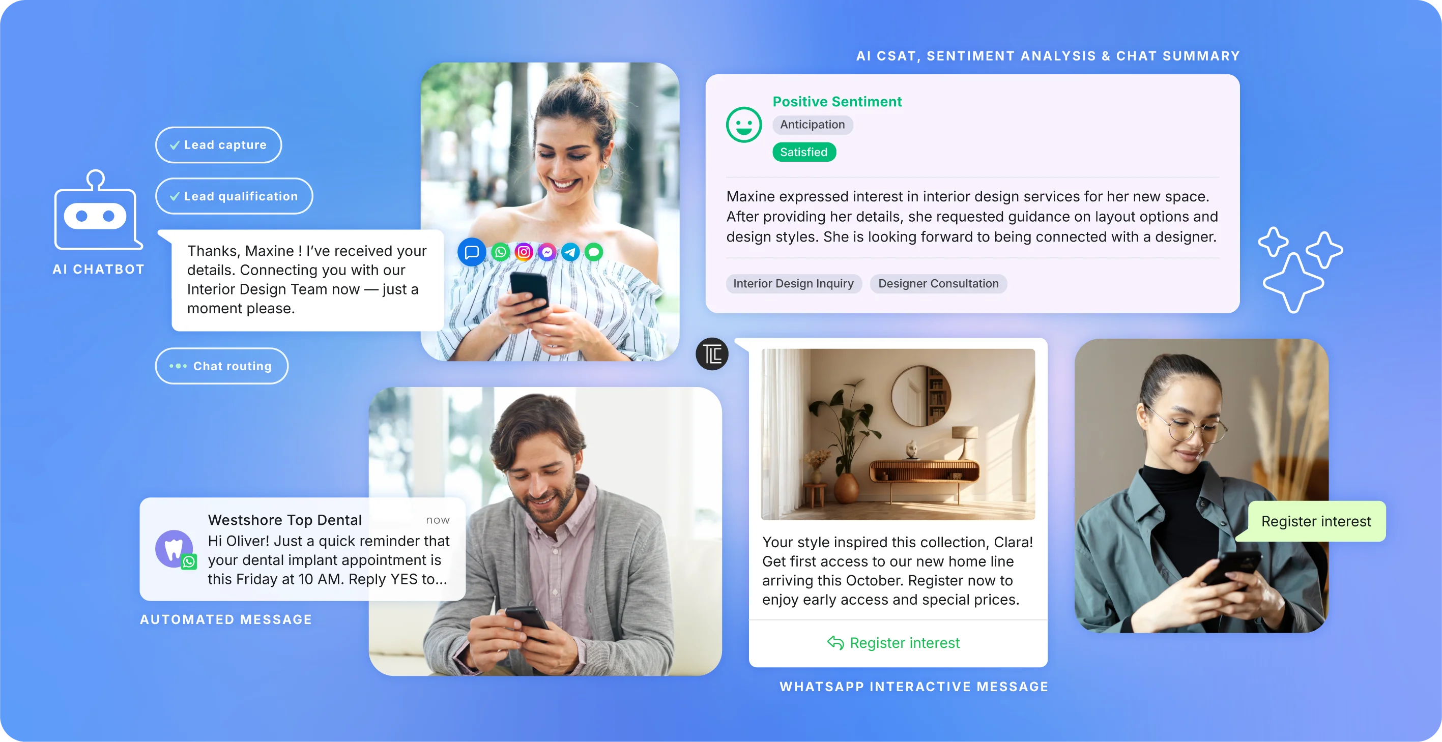 Smart customer engagement shown through fast support provided by an AI chatbot, an automated reminder via WhatsApp, and a WhatsApp campaign.