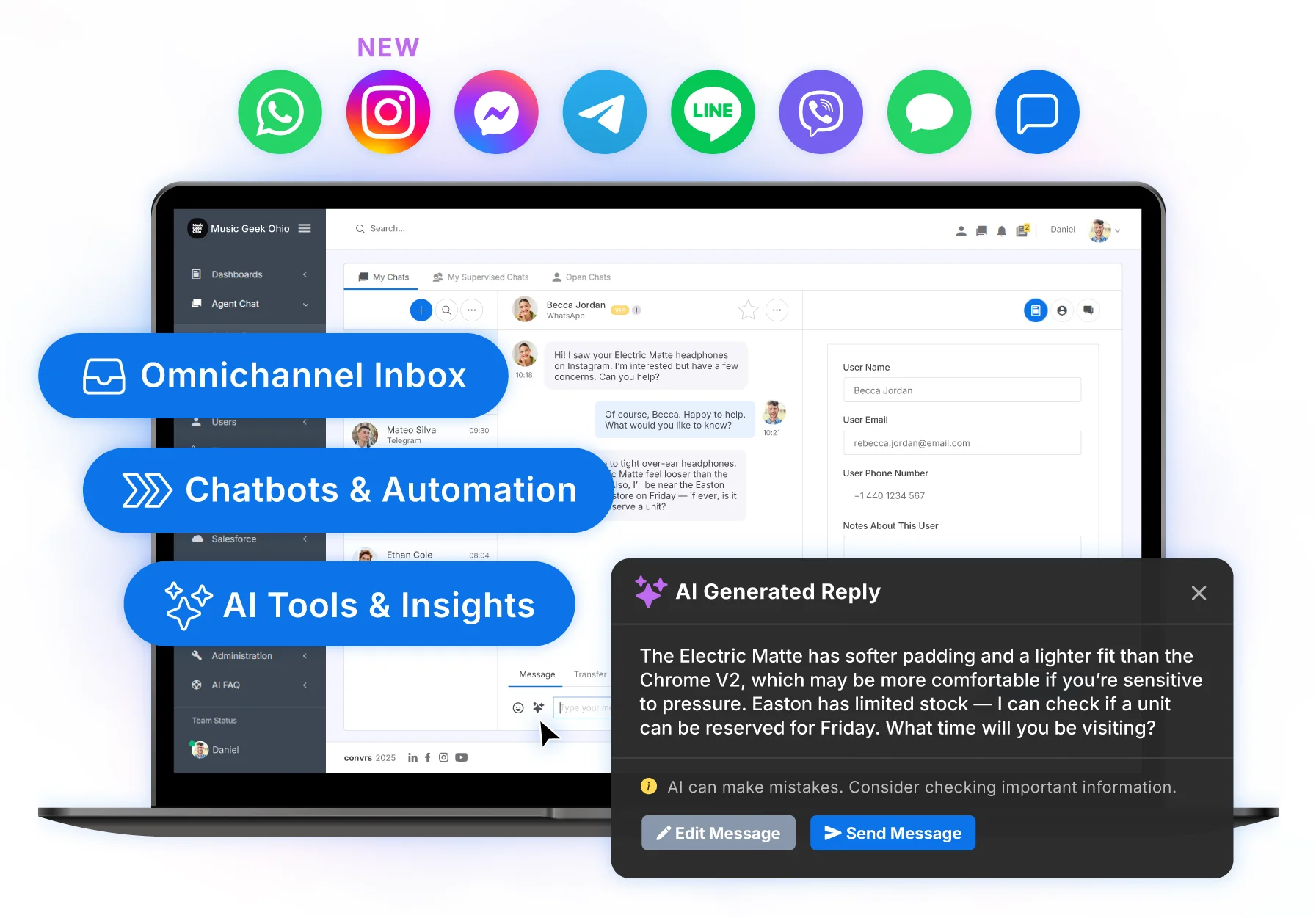 The Convrs Omnichannel Messaging Platform with smart solutions for businesses including the Omnichannel Inbox, Chatbots & Automation, AI Messaging Tools & Insights, and more.