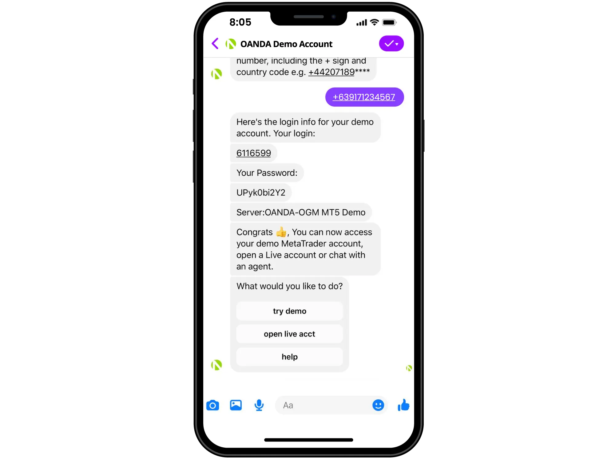 A Facebook Messenger conversation featuring OANDA's MT5 demo sign-up automation via chatbot