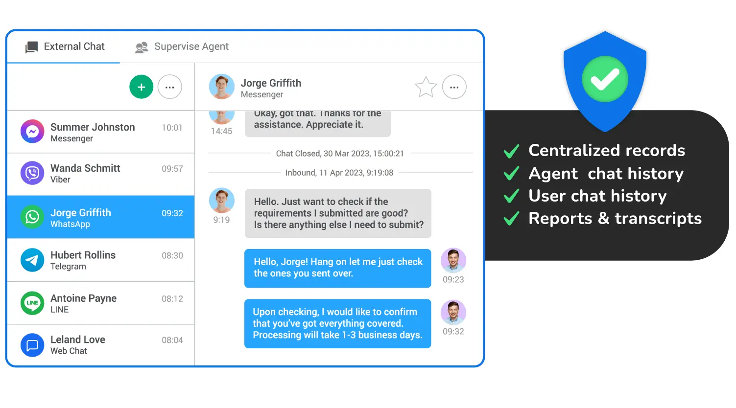 The Convrs Omnichannel Inbox showing fully documented and recorded client-agent conversations from different messaging apps.