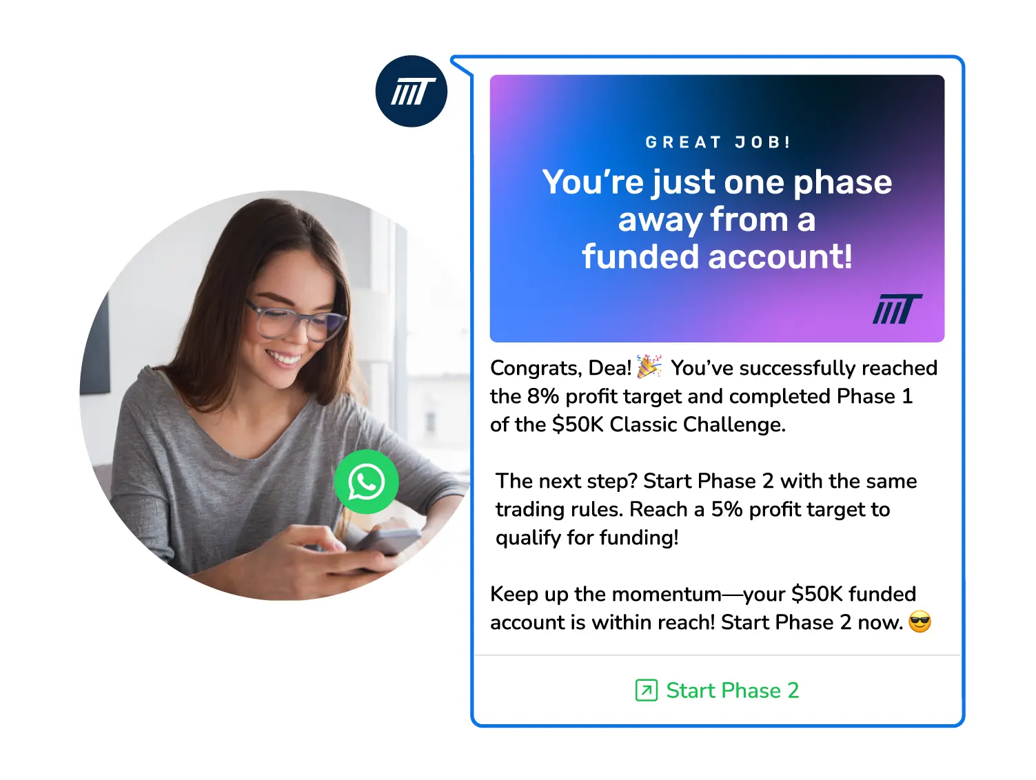 An automated WhatsApp message informing the prop trader that they have completed phase 1 of the challenge.