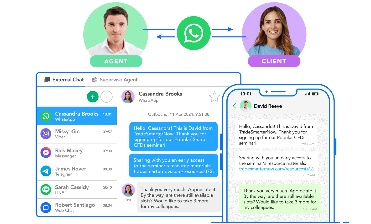 An agent initiating a conversation with a prospect or customer using Proactive Outbound Messaging via WhatsApp or SMS.