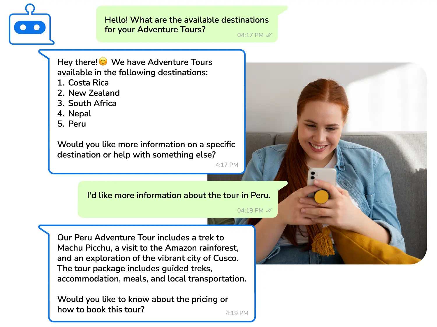 A customer interacting with a travel agency's AI FAQ chatbot.