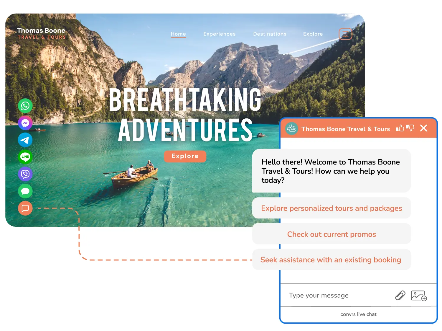 A travel agency's website equipped with an omnichannel live chat widget showing a welcome greeting and self-service options.