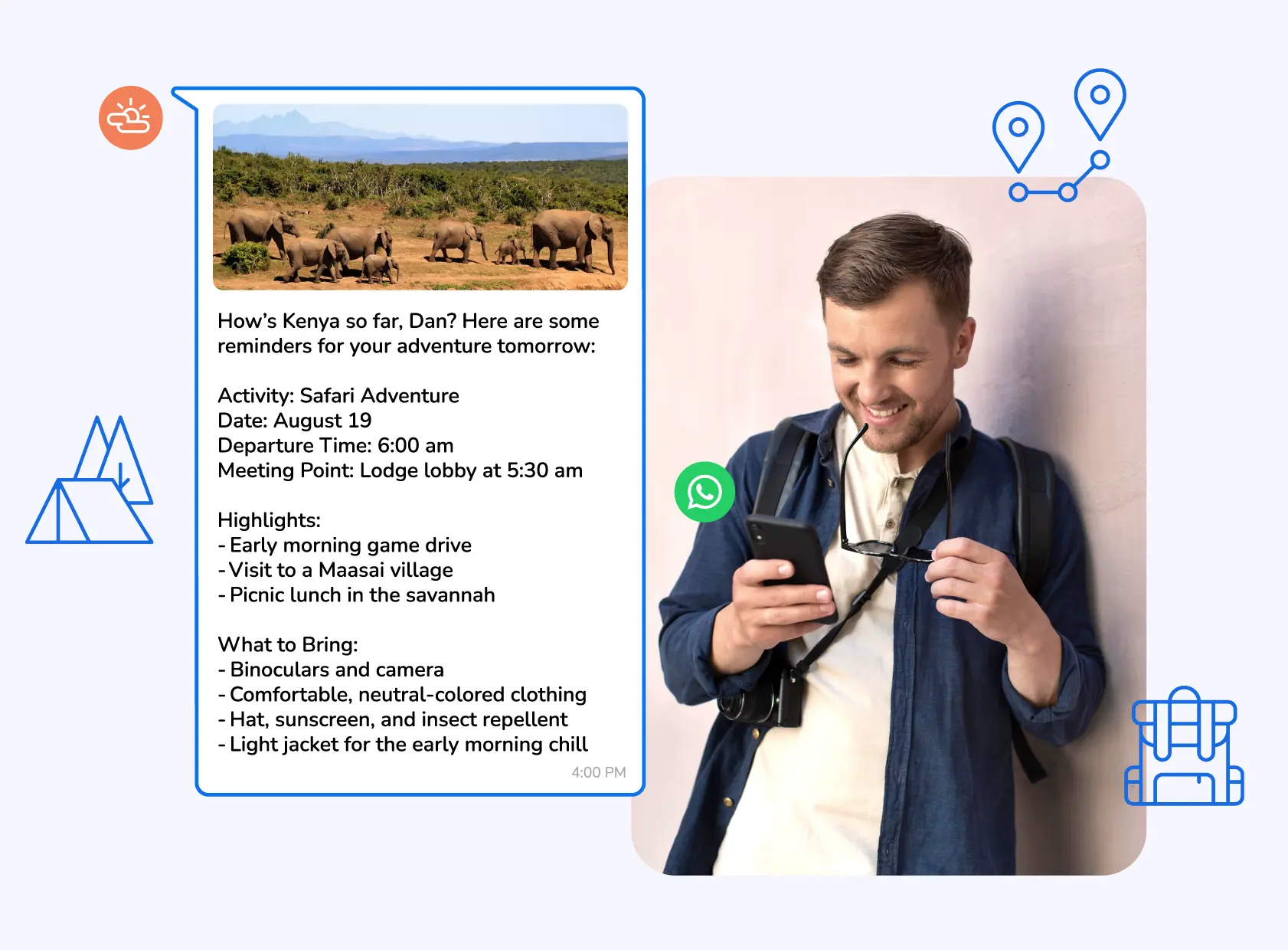 A WhatsApp automated message sharing details and reminding a traveler about his scheduled activity for the next day.