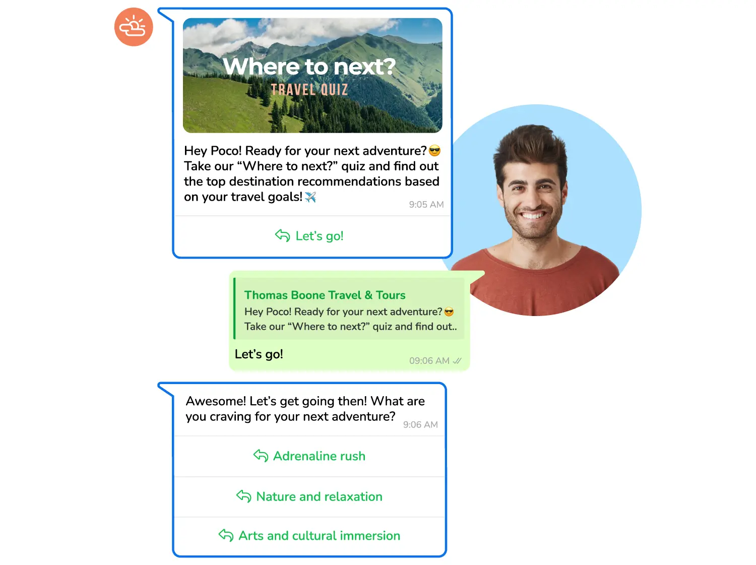 A WhatsApp interactive message flow showcasing a travel quiz that suggests best travel destinations based on answers.