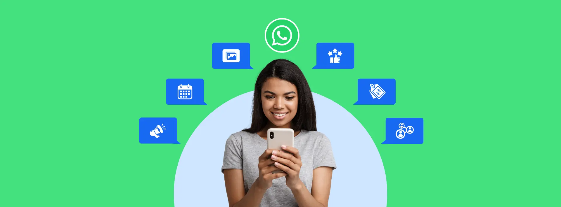 Banner showing woman using WhatsApp with numerous use cases