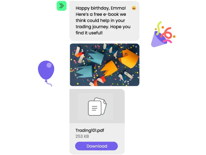 A personalized message from a Viber chatbot greeting a customer on their birthday and sharing a free e-book