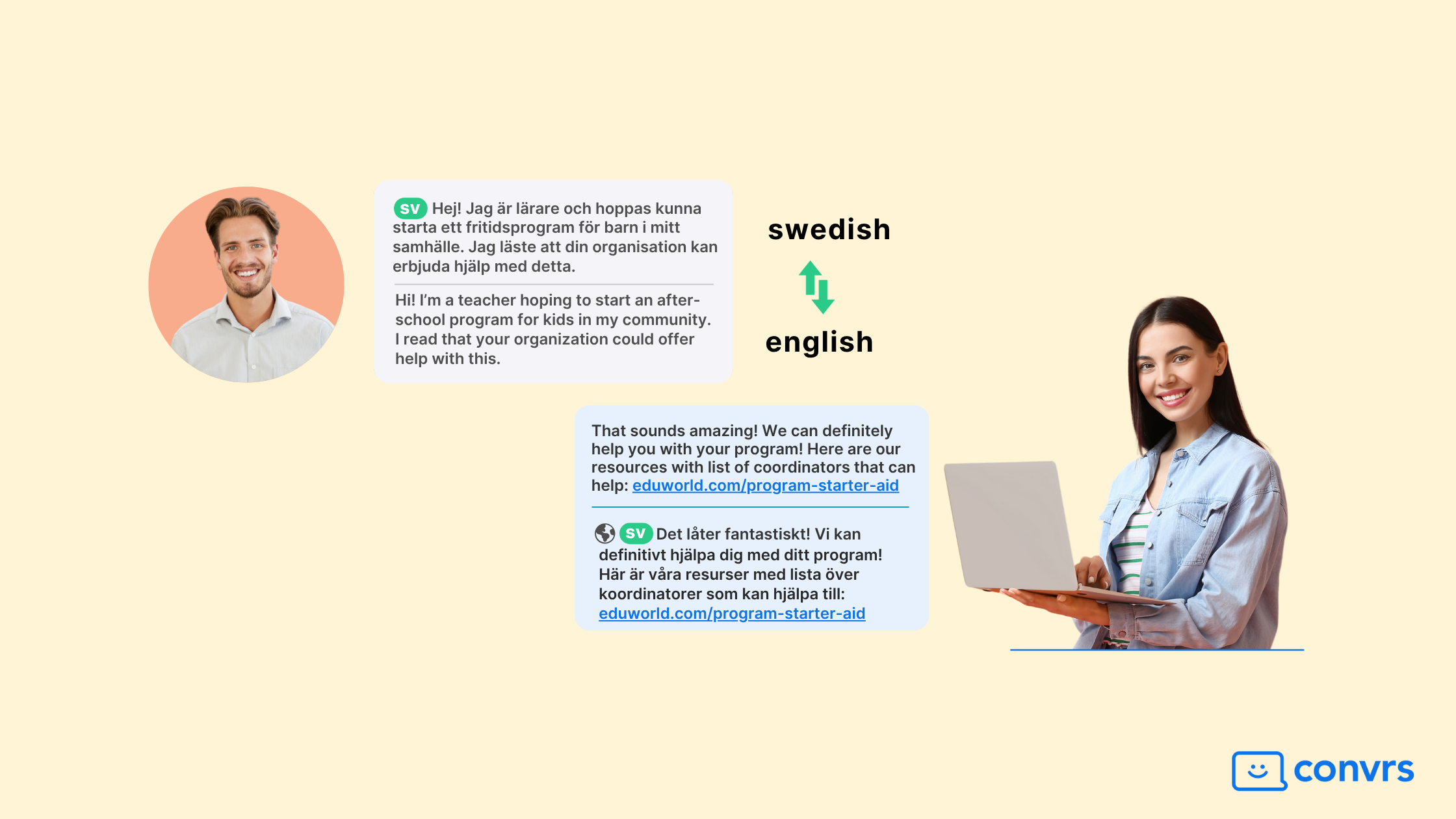 Conversation between a swedish speaker and an english speaker is done through real-time translation